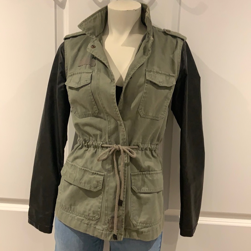 Green cargo jacket with faux leather sleeves